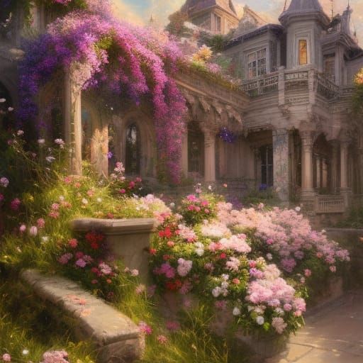 Castle Covered in Flowers as Oil Painting