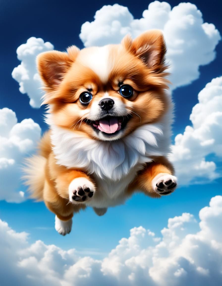 Playful Pomeranian Puppy Surgeon in Surreal Sky