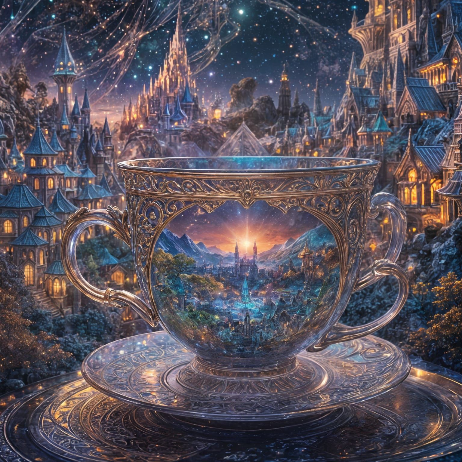 Elven City in Crystal Teacup: Cosmic Illustration
