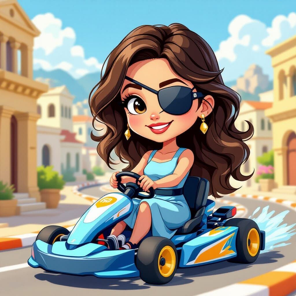 Chibi Greek Woman Races Go-Kart in Pixar Style