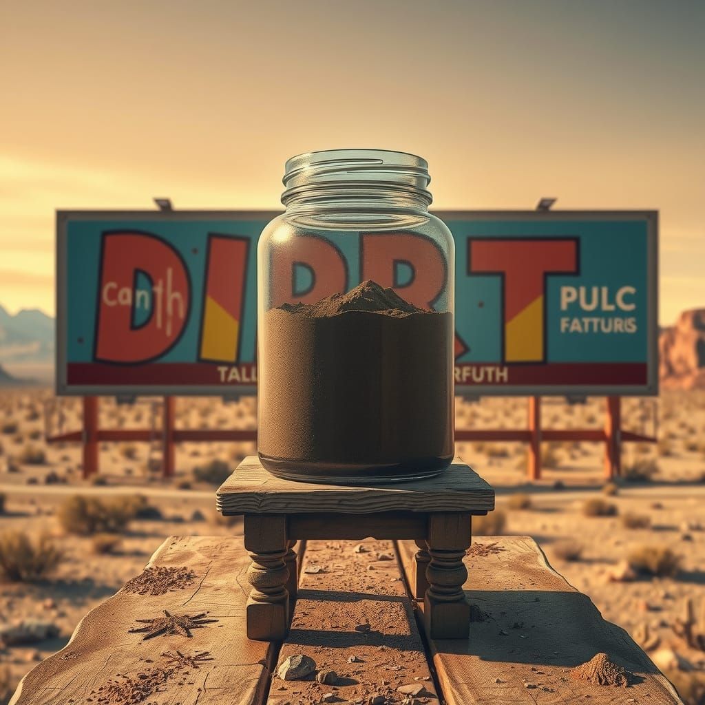Oversized Dirt Jar Billboard in Retro-Futuristic Style