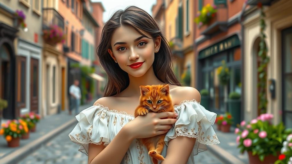 Elegant European Woman with Red Kitten in Cobblestone Street...