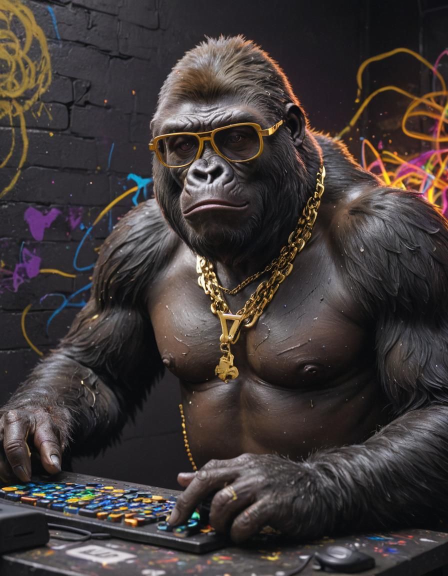 Gorilla Gamer in Neon Room: Hyperrealistic Splash Art