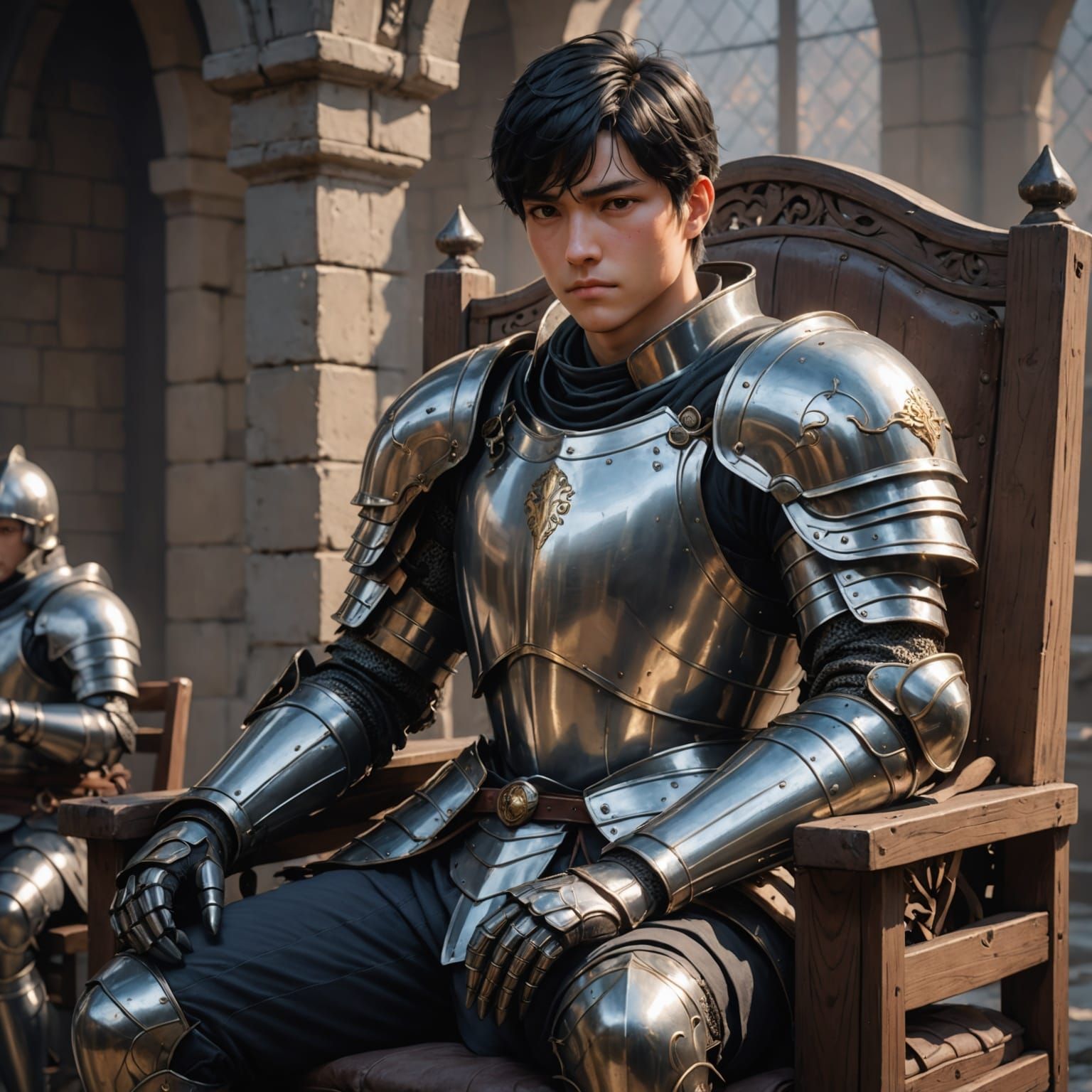 Weary Knight in Heavy Armor Amidst a Dreamy Landscape