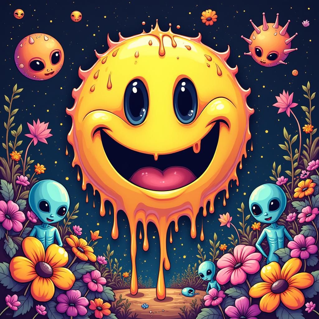 Psychedelic Melting Smiley Face with Aliens