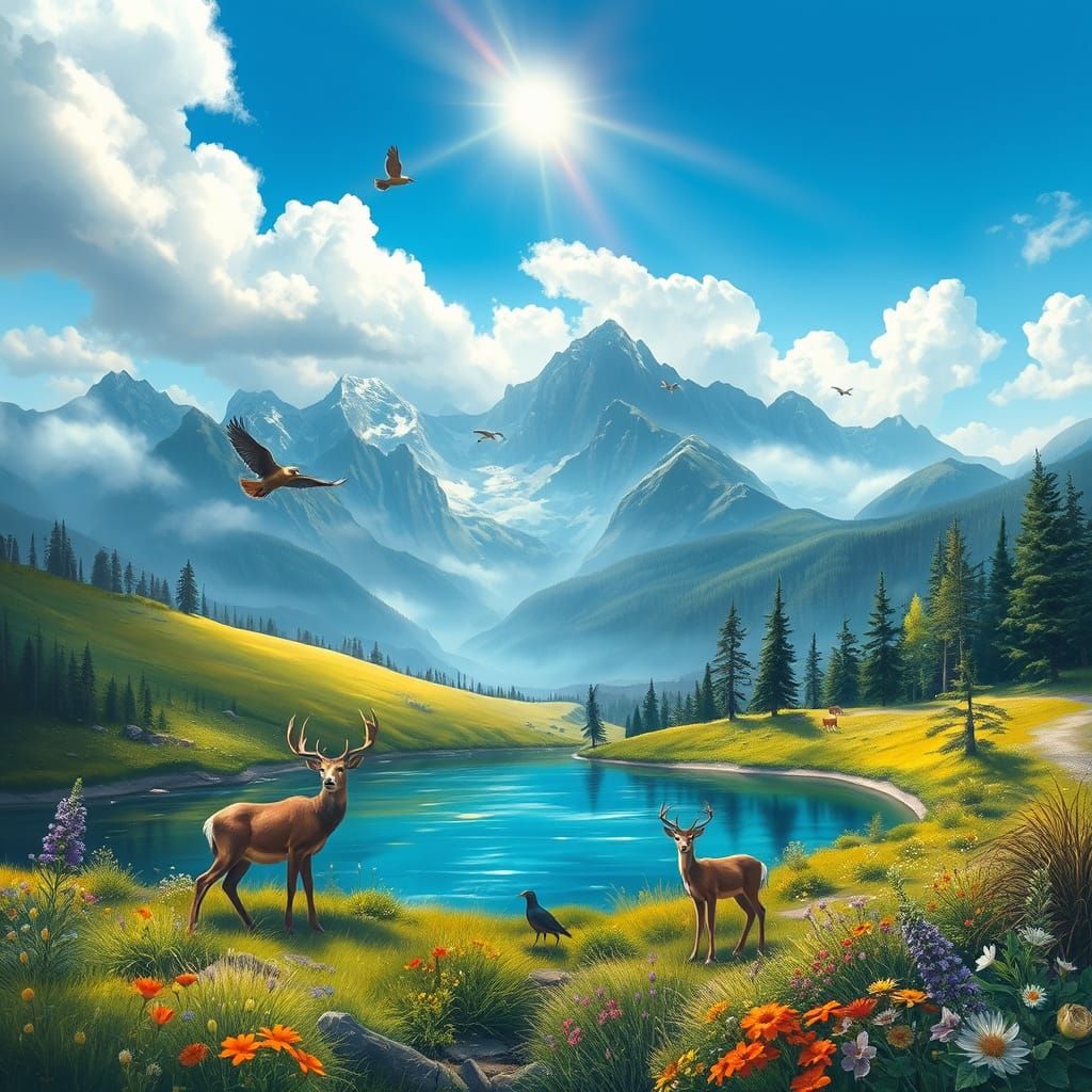 Peaceful Landscape with Wildlife and Majestic Mountains in S...