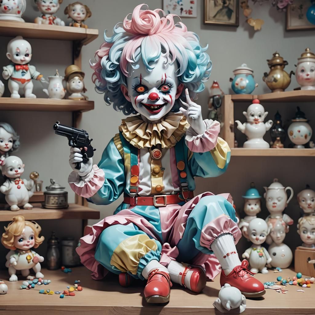 Creepy Cute Clown Doll with Gun, Anime Art