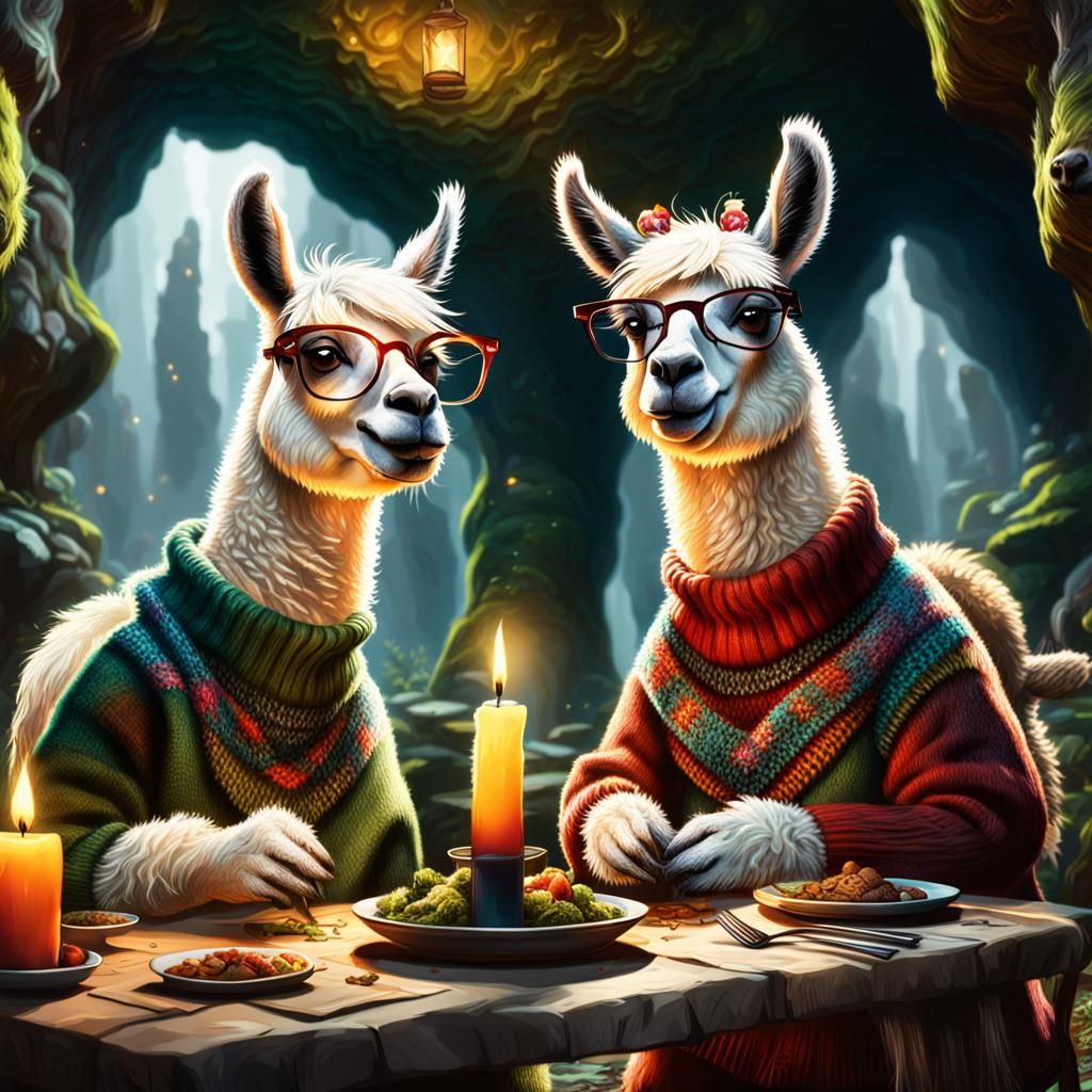 Stylish Llamas Enjoying a Candlelit Dinner in Cave
