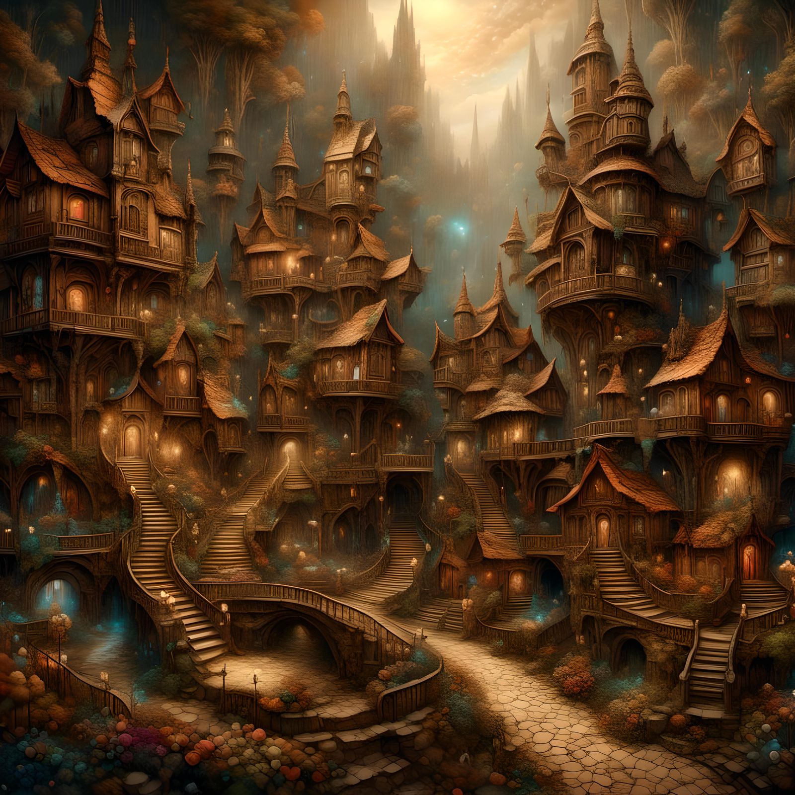 Fantasy village, palette dark brown, light brown, <lora:Dall...