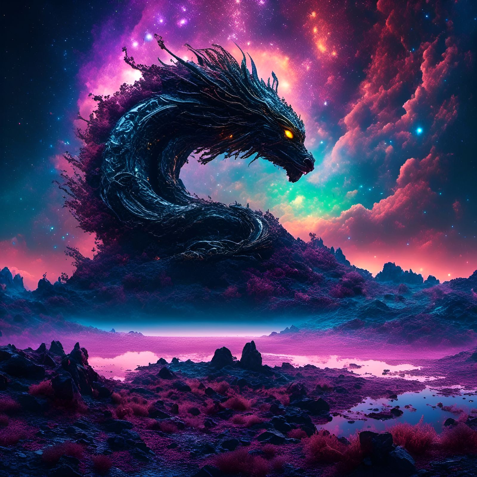 Bioluminescent Lion-Scorpion Emerges from Nebula Lake