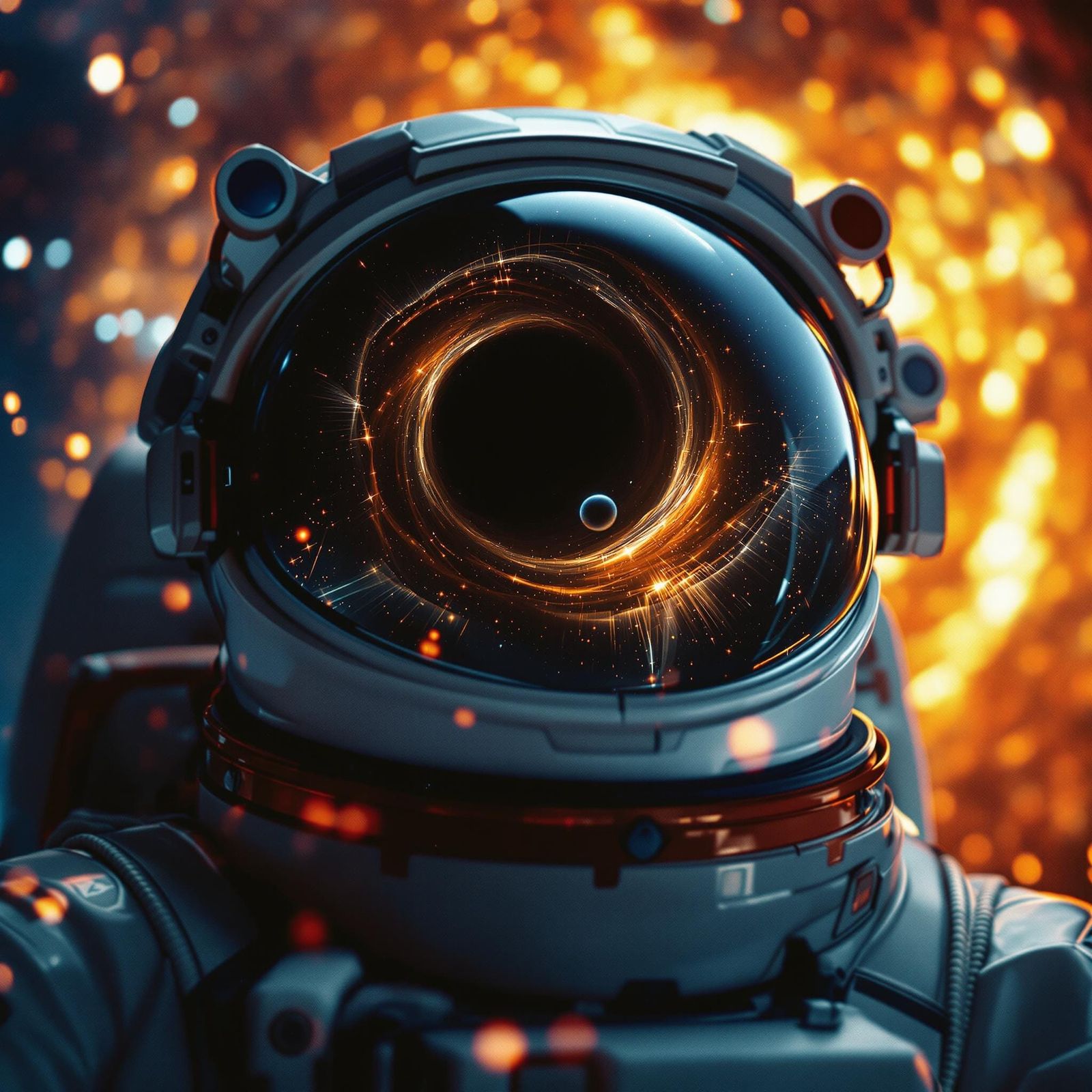 Astronaut and Black Hole Reflection, Cinematic Space Art