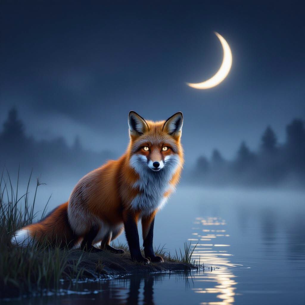 Realistic Fox with Glowing Eyes by Misty Lake Under Crescent...