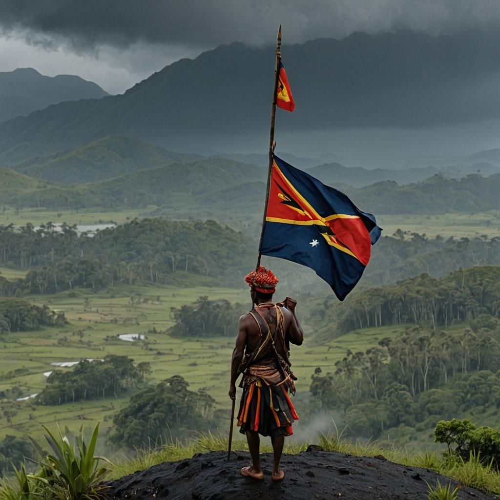 Man in Enga Attire on Hilltop in Storm