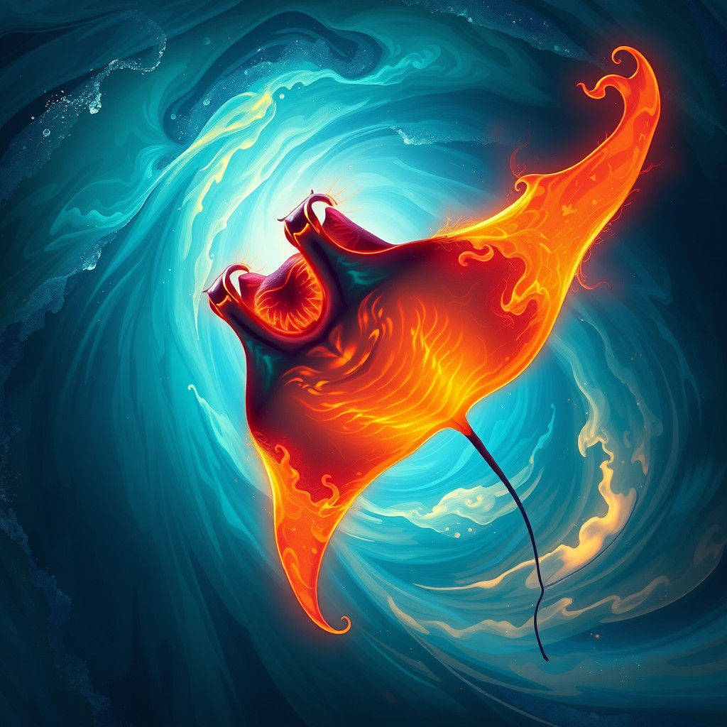 Fiery Manta Ray Gliding Through Mystical Ocean