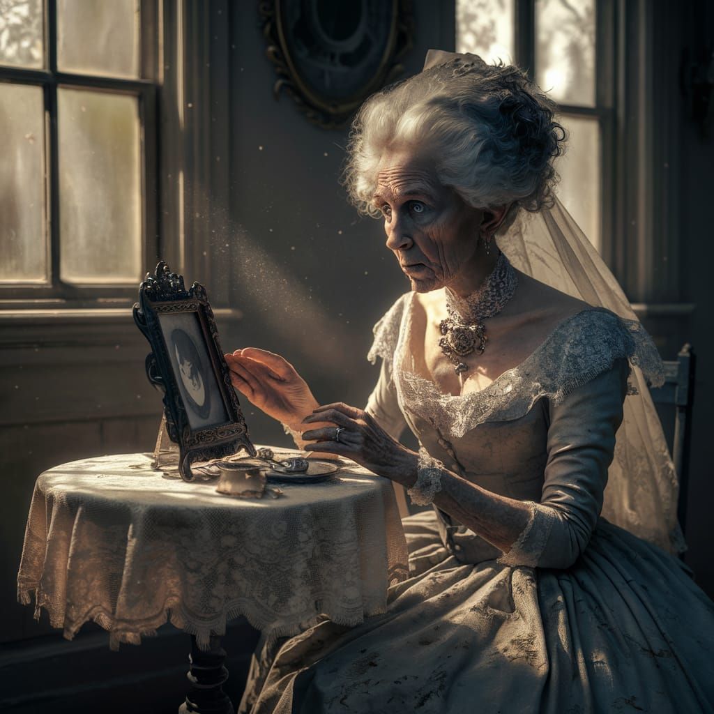 Haunting Portrait of Elderly Woman as Miss Havisham