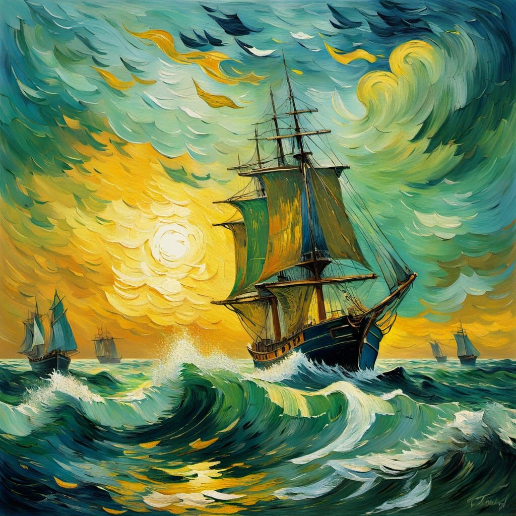Ship Sails on Stormy Seas in Post-Impressionist Style