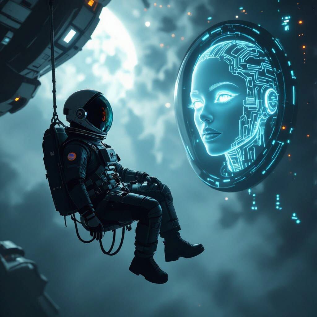 Astronaut and Cybernetic Face in Space