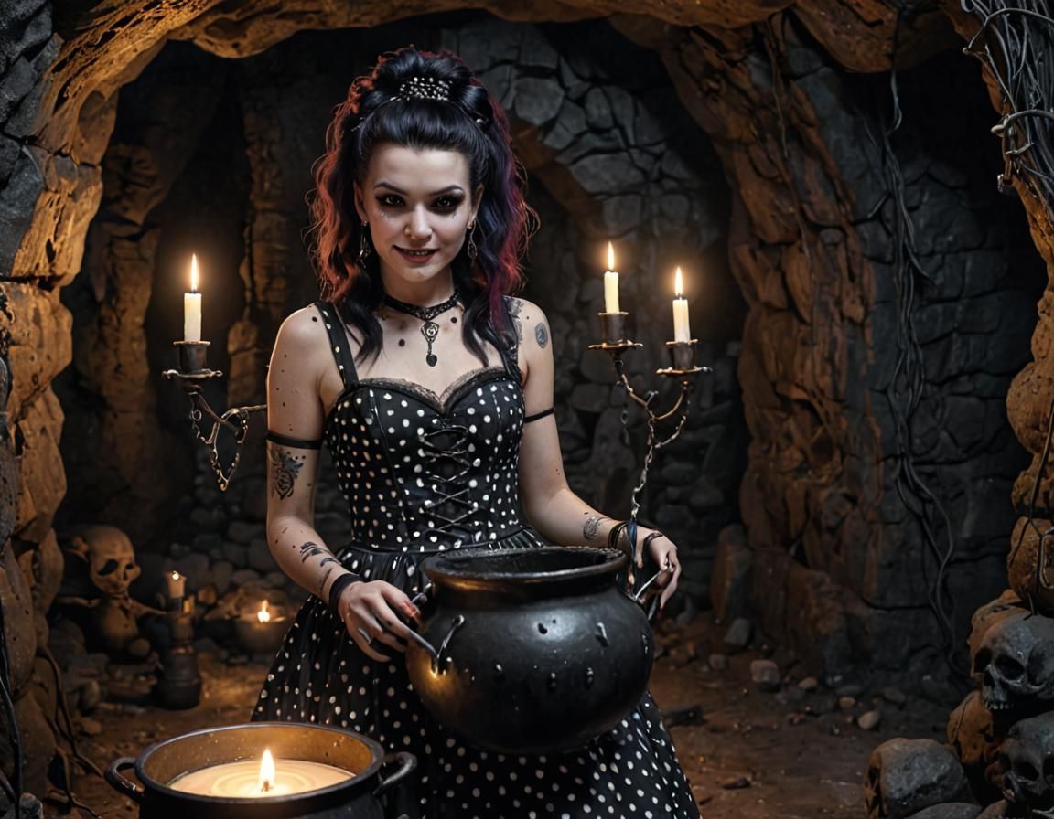 Goth Punk Stirring Cauldron in Candlelit Cave