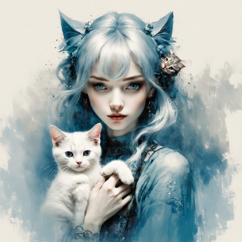 Sweet girl with her cute tiny cat