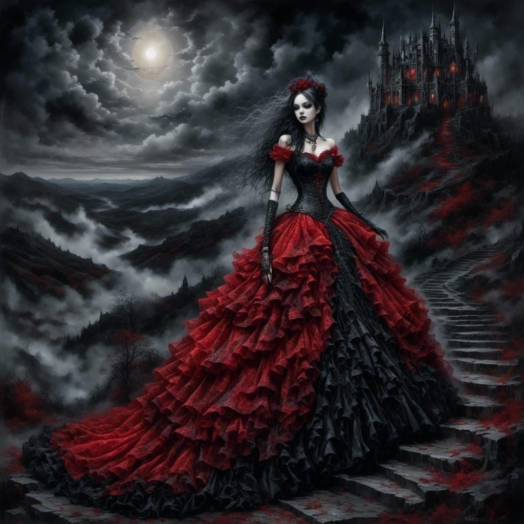 Gothic Princess in Starlit Night Watercolor Painting