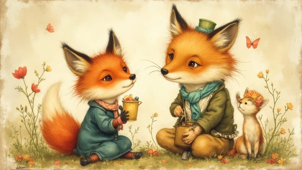 Whimsical Fox Illustration in Gentle Style