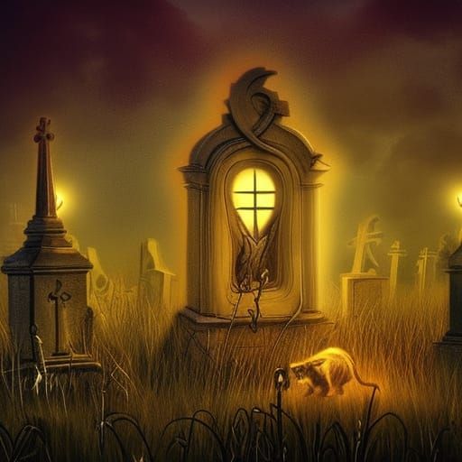 Dangerous Cats in Graveyard Under Full Moon