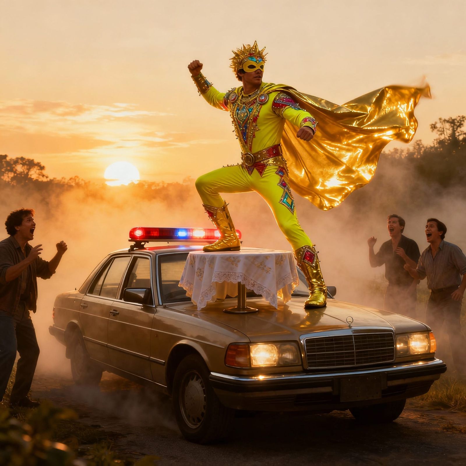 Heroic Pose on Car in Golden Hour Light