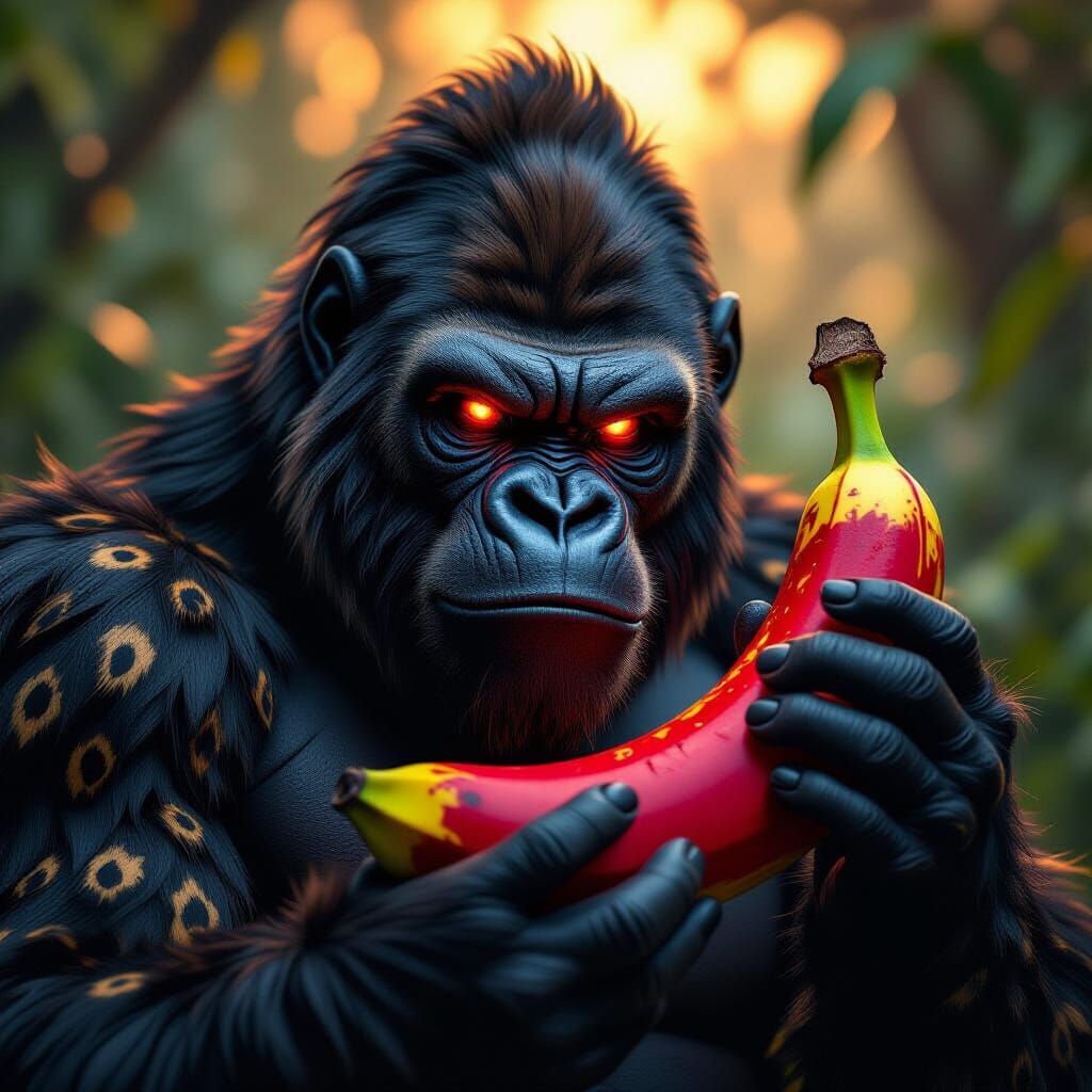 Demonic Gorilla with Spotted Fur and Red Eyes