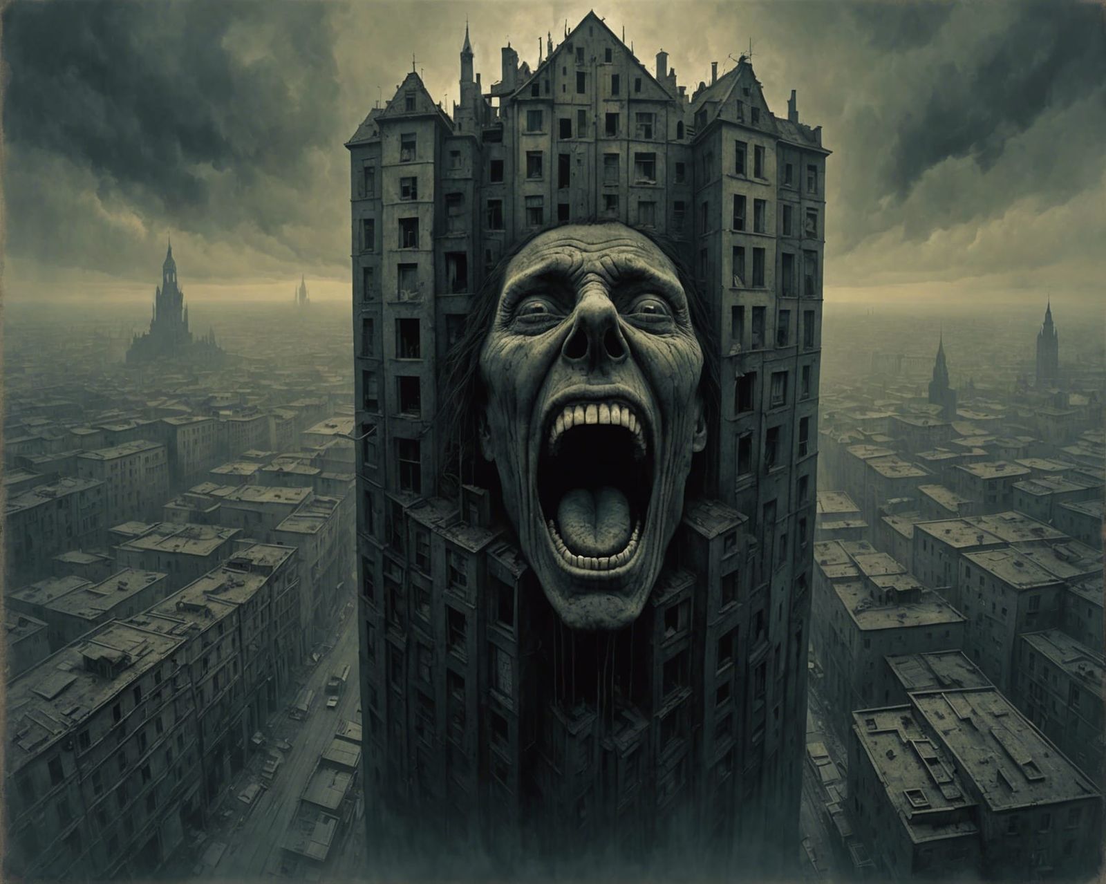 Ominous Cityscape with Screaming Woman in Surrealist Style