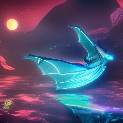 Bioluminescent Manta Ray Dragon in Starry Sky