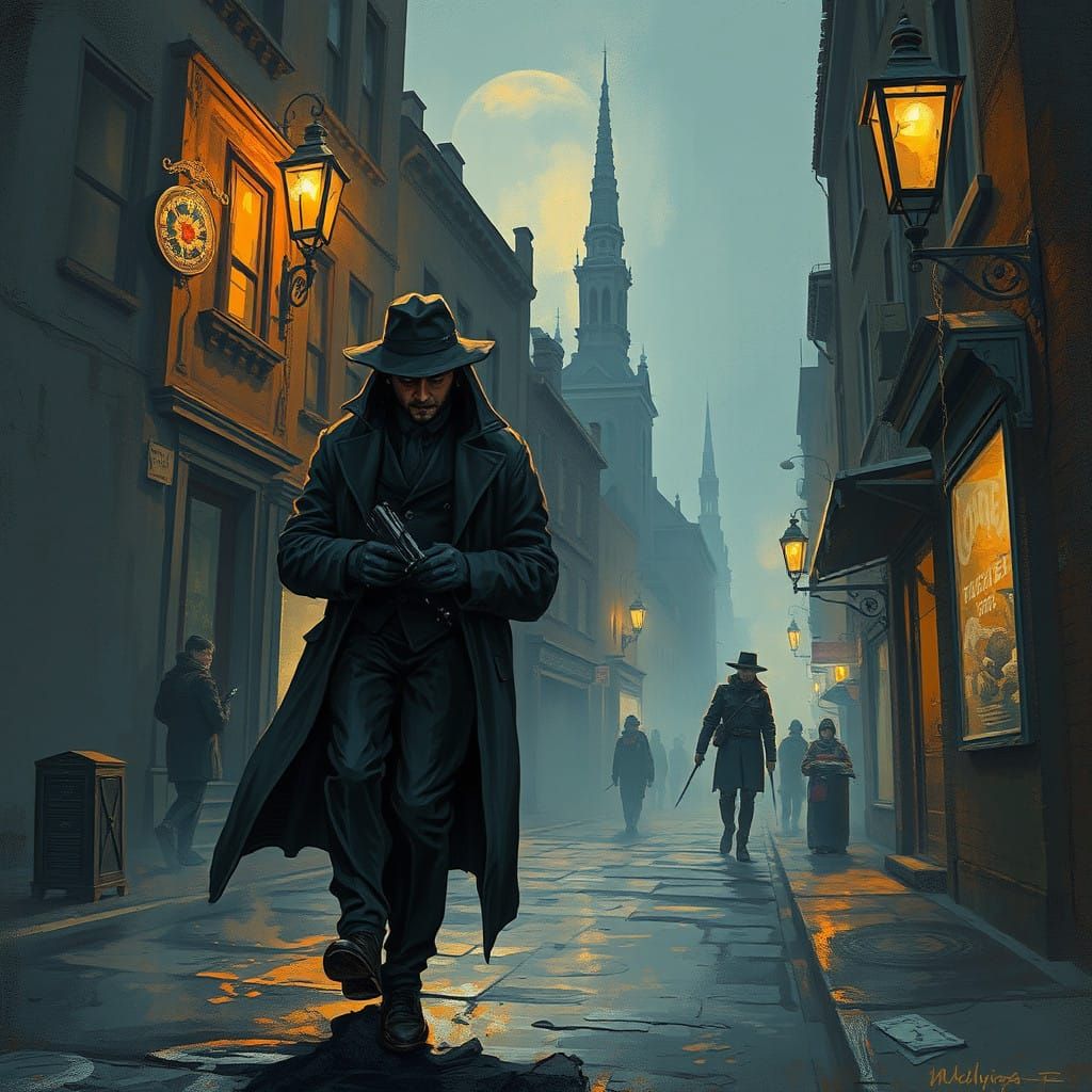 A Sinister Spy Strolls Through a Whimsical Evening Street