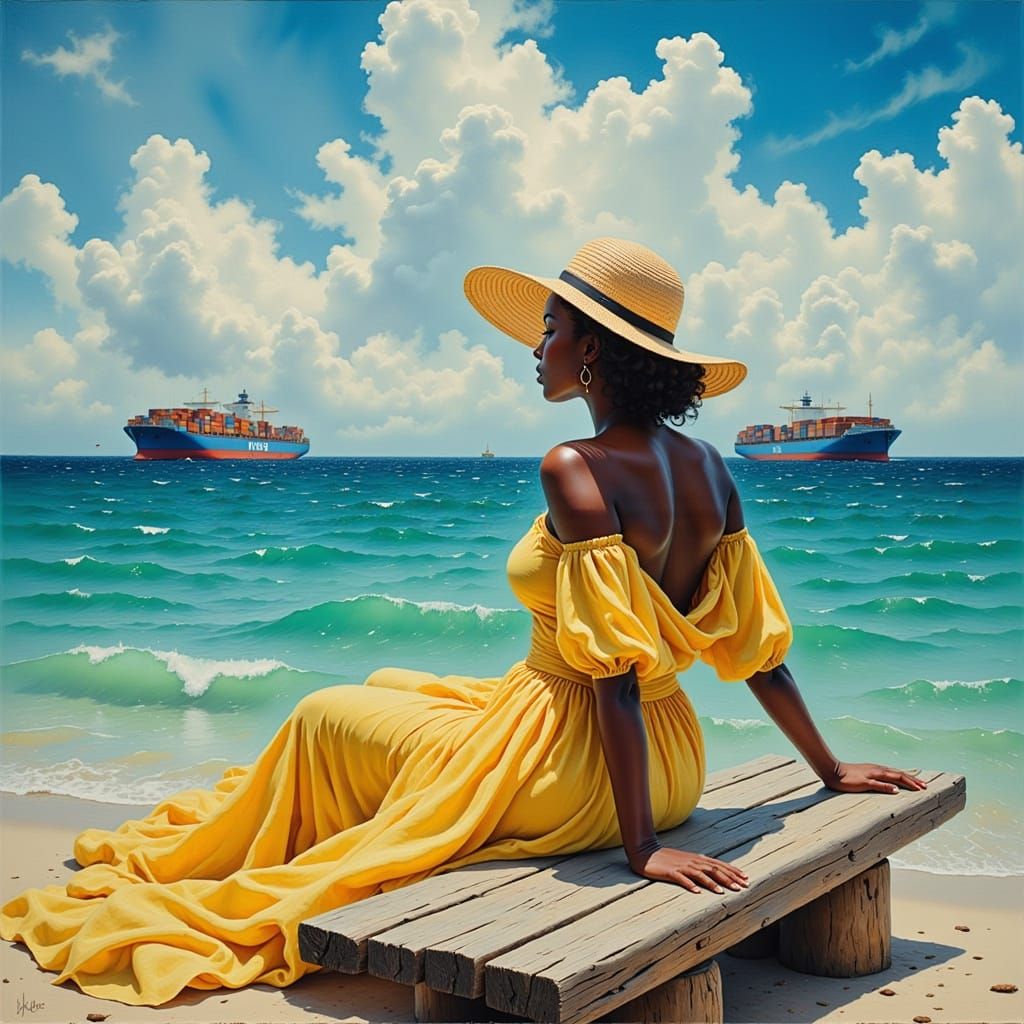 A Black Woman Contemplates the Ocean in a Vibrant Sunset