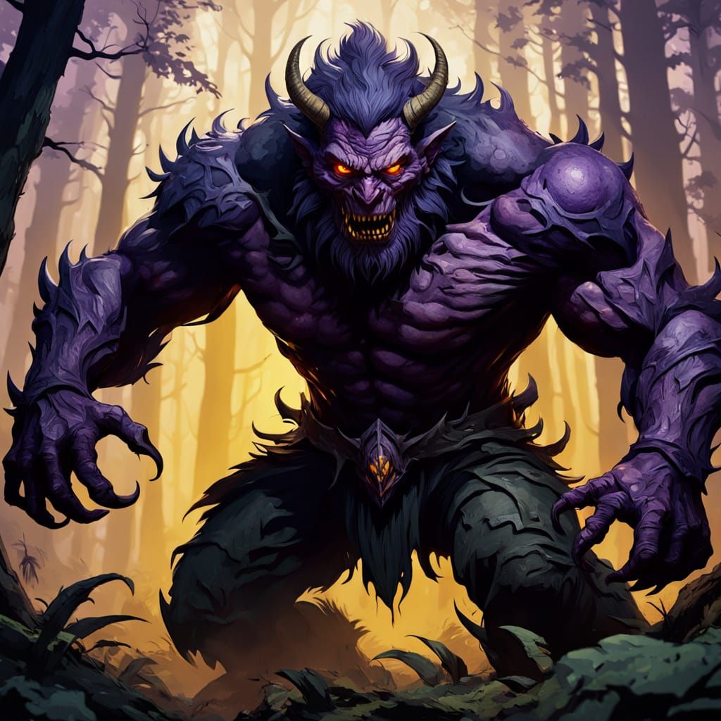 Monster and Warrior Fight in Dark Fantasy Forest