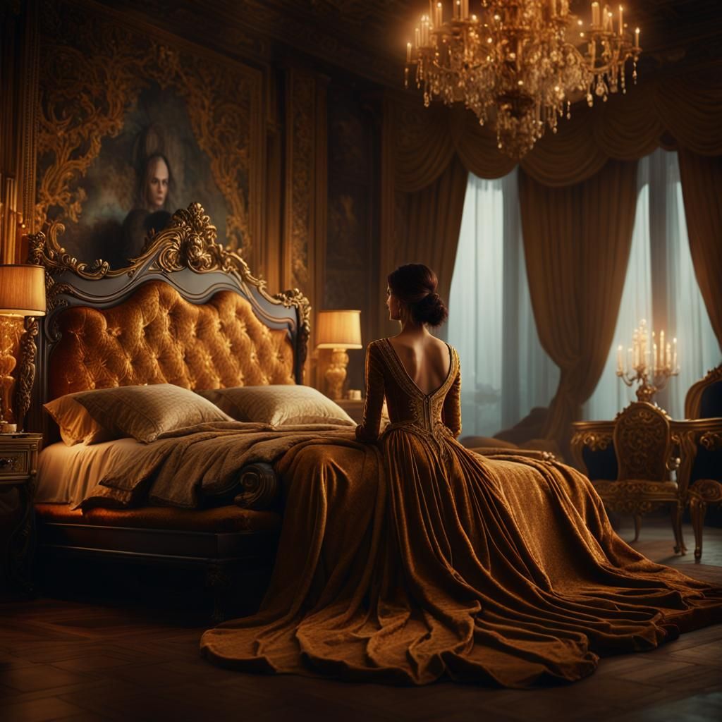 Opulent Bedroom Scene with Atmospheric Lighting