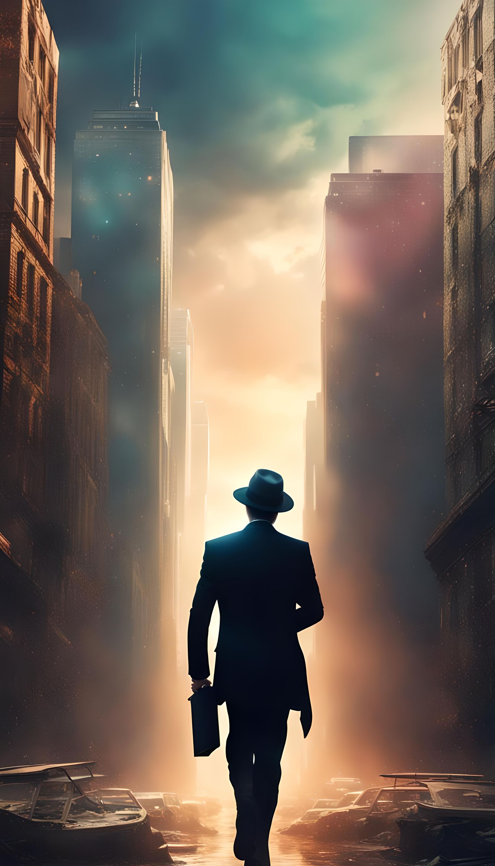 Silhouette Man Walks Towards Endless City