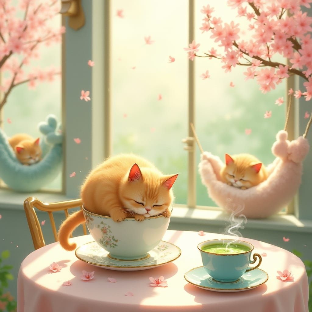 Whimsical Cat Café in Soft Pastel Hues
