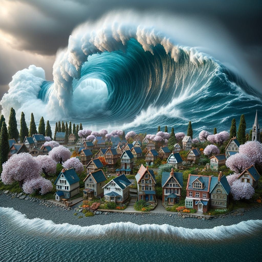 Colossal Wave Looms Over Seaside Village