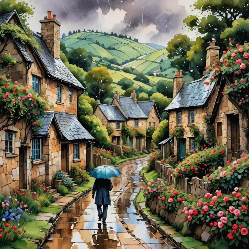 Rainy Countryside Scene in Alcohol Ink Style