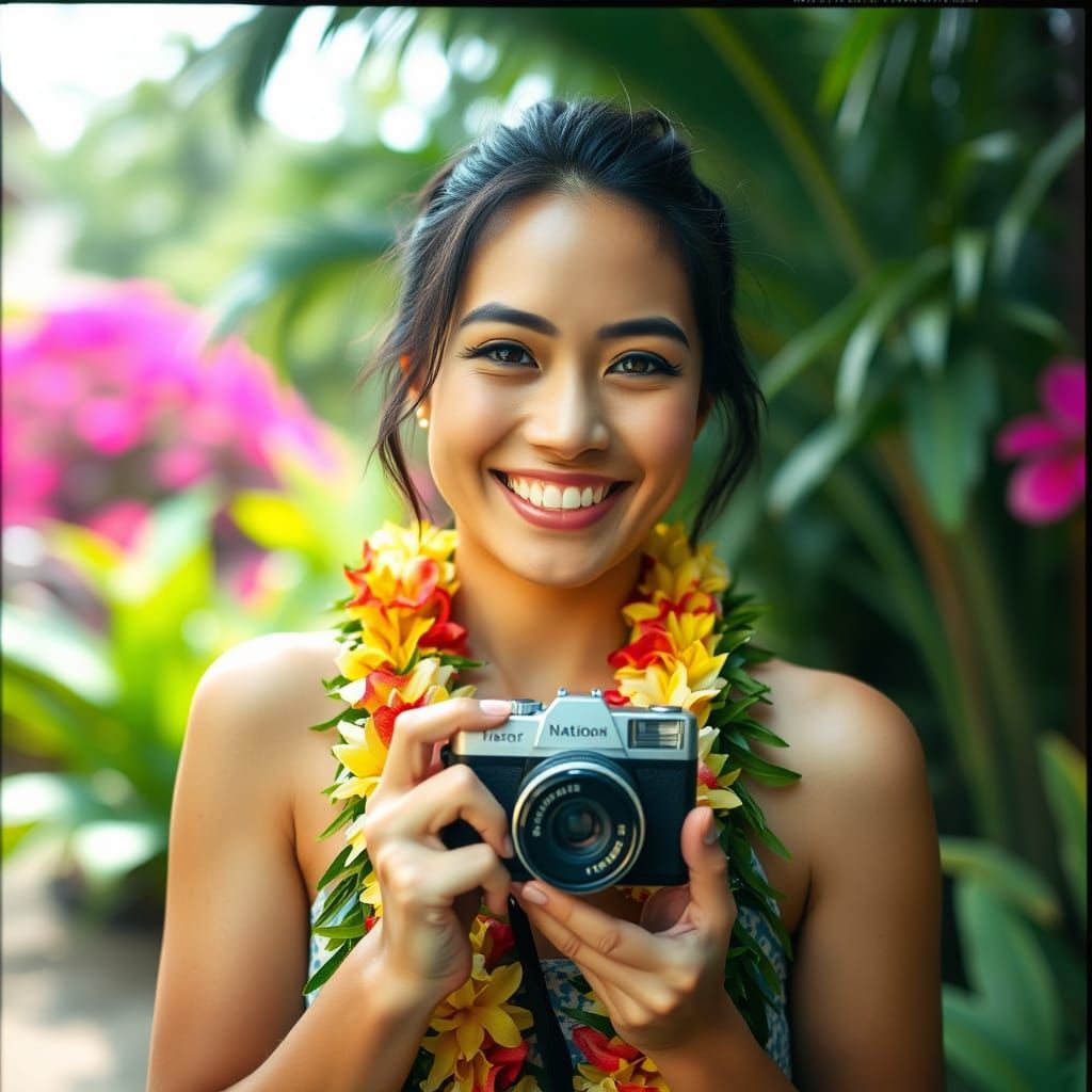 Hawaiian Woman with Floral Lei in Dreamy Garden