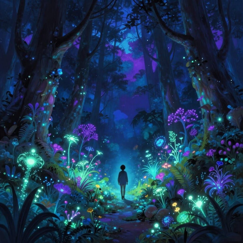 Bioluminescent Forest Journey Digital Painting
