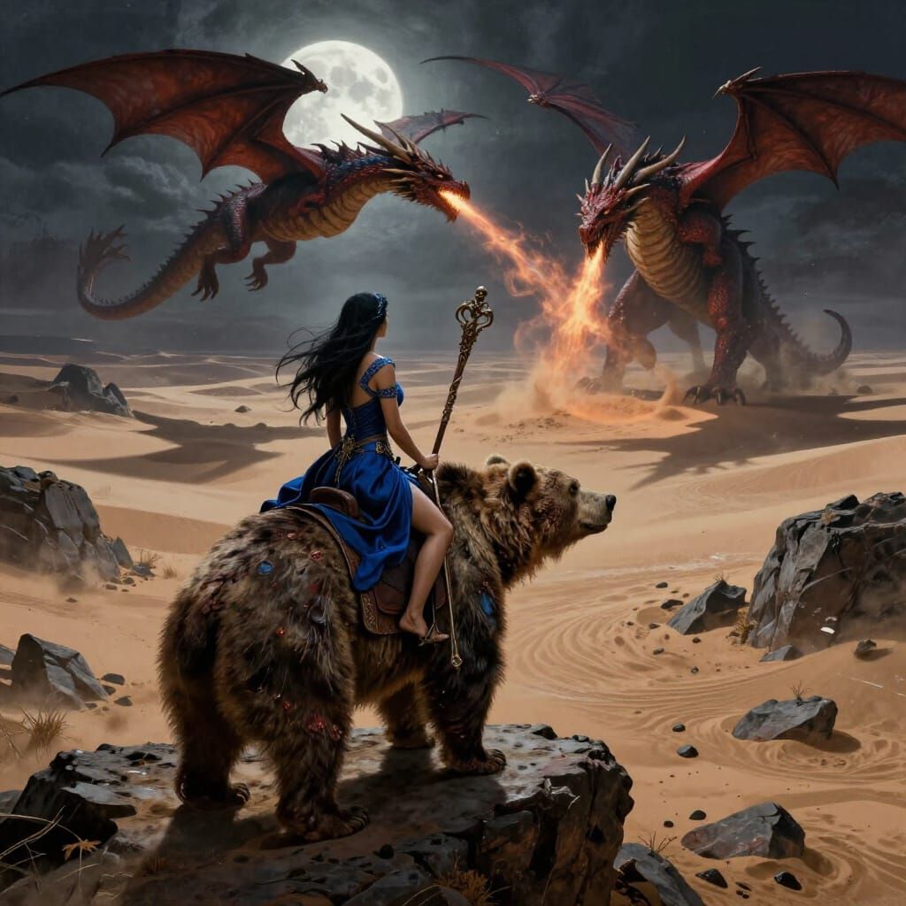 Sorceress Rides Bear Against Desert Dragons