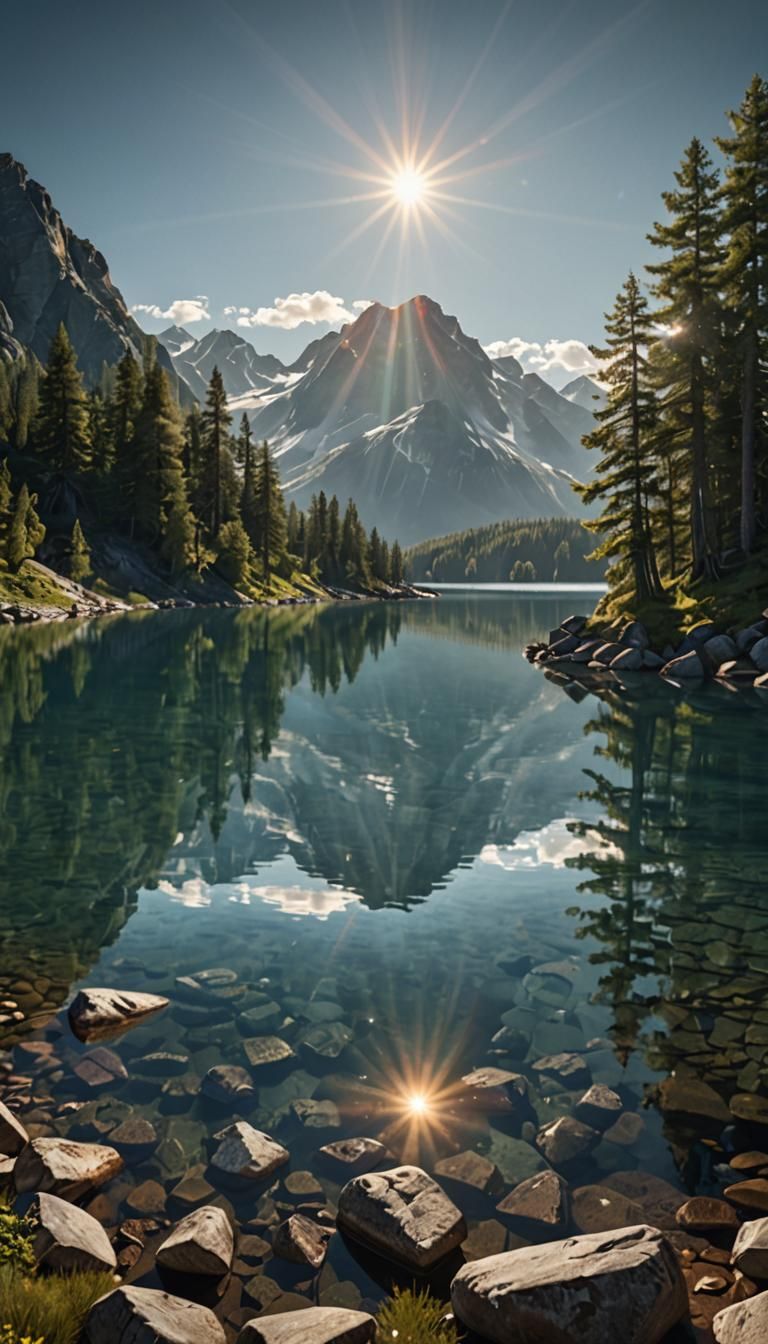 Photorealistic Mountain Lake Landscape at Sunset in 32K