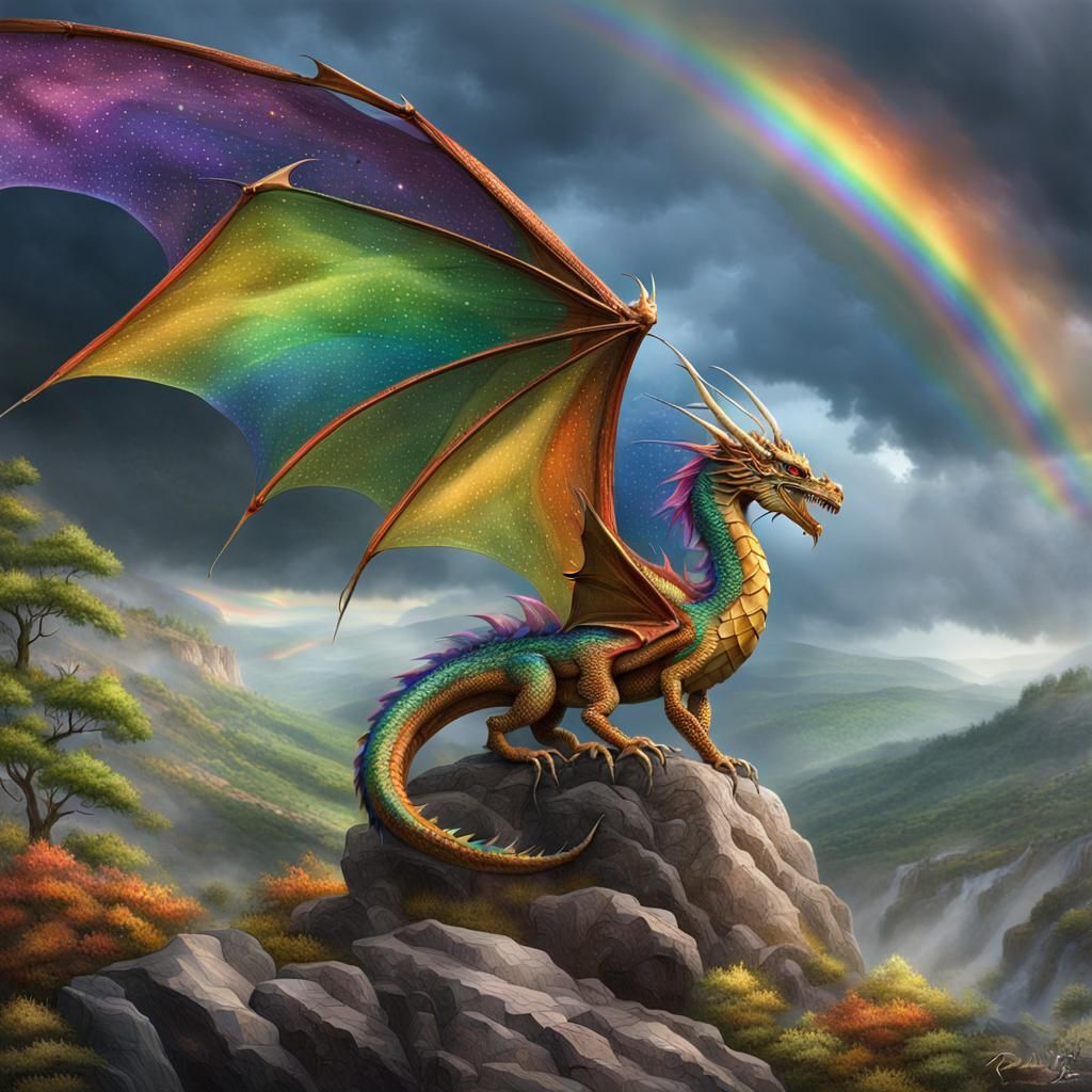 Iridescent Dragon with Rainbow Wings in Storm