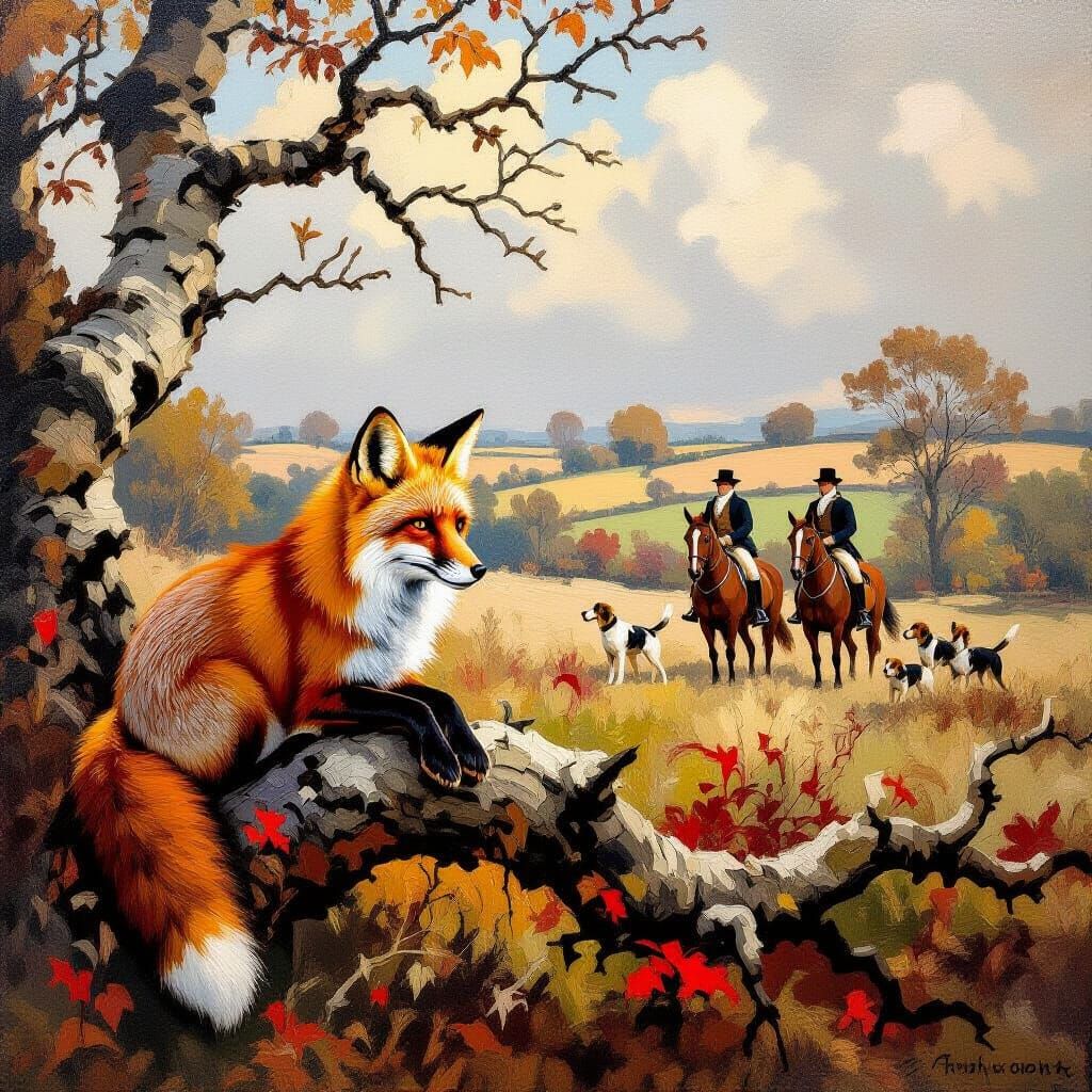 Red Fox Resting on Branch in British Countryside Oil Paintin...