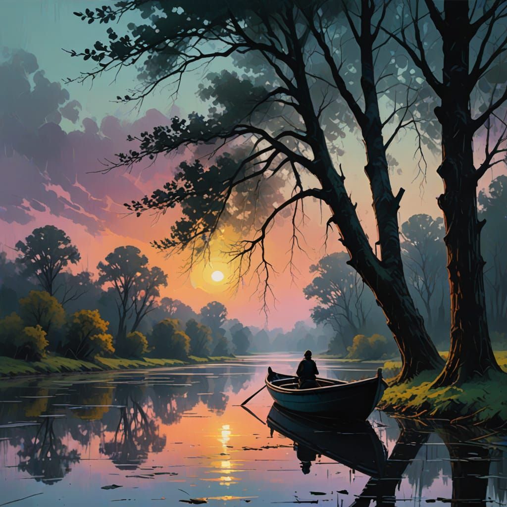 Dreamlike Allegory Painting of Sunrise River Fishing