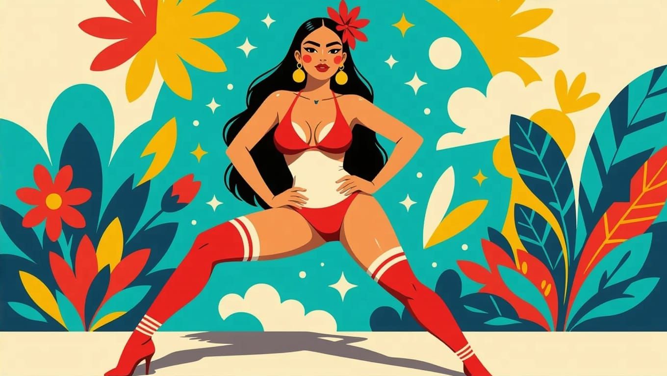 Mexican Woman in Red Bikini: Digital Folk Art