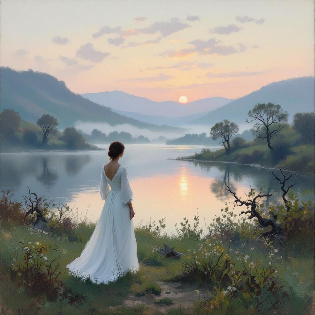 Misty Valley Dawn: Impressionistic Landscape Painting