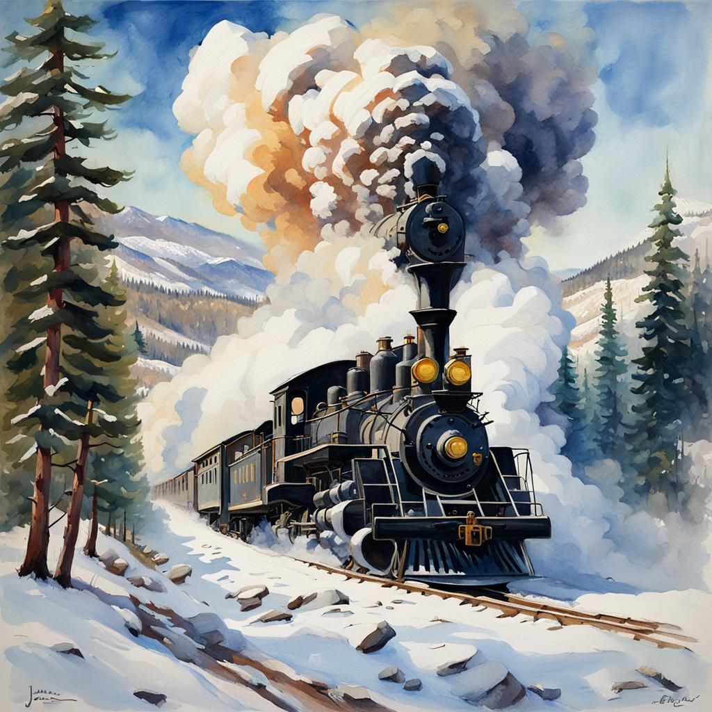 Steam Train in Snow, Gouache Watercolor Style