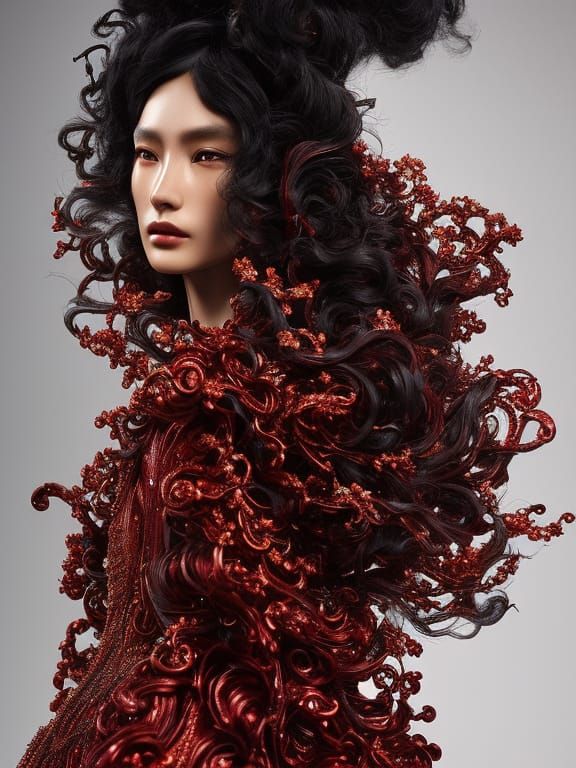 Elaborate Runway Model in Red Metallic Silk Dress