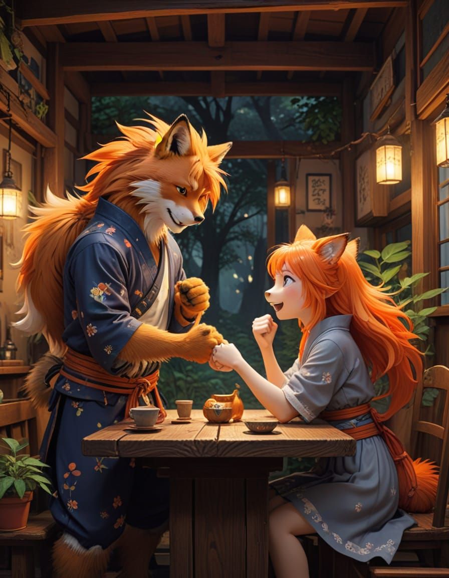 Anime Couple Engages in Playful Arm-Wrestling at a Tradition...